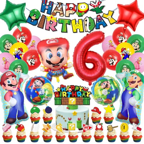 Super Mario Geburtstag Deko 6 Jahre, Super Mario Party Deko, Super Mario Luftballons Kindergeburtstag, Super Mario Kuchen Deko, Happy Birthday Banner, Mario Geburtstagsfeier Thema Dekoration von GUBOOM
