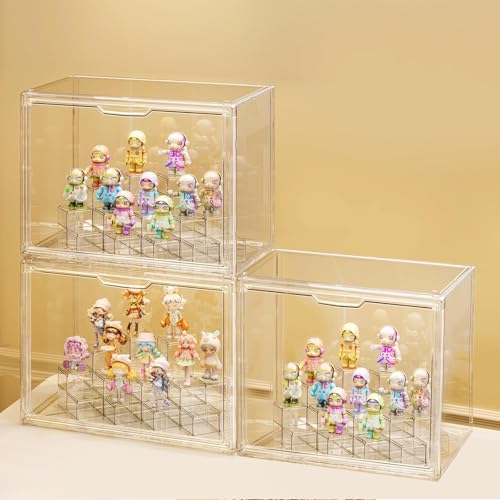 GUDEMAY Transparente stapelbare Aufbewahrungsboxen mit Magnetverschluss, staubdichte Acryl Vitrine mit Podest Würfel, Schaukasten für Lego Minifiguren, Blind Box Action Figuren, Sammlerstück (3er-Set) von GUDEMAY