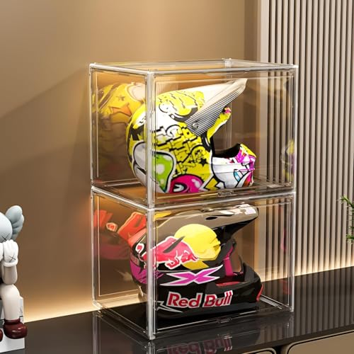 GUDEMAY XL Transparente Stapelbare Aufbewahrungsboxen mit Magnetverschluss - Staubdichte Aufbewahrung Vitrine Acryl Schaukasten für Helme, Figuren, Bücher, Kosmetik, Schuhe und Handtaschen von GUDEMAY