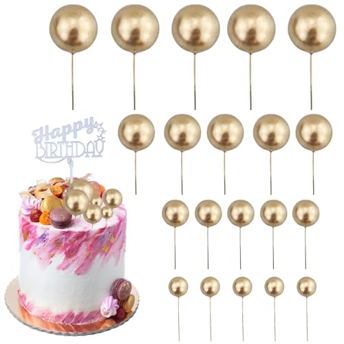 20 Stück Goldene Kugeln Tortendeko, Diameter 2/2.5/3 / 4 cm Schaumkugeln mit Dünner Drahtstab, Kuchen Deko für Geburtstag Hochzeit Babyparty, Mädchen & Damen, Happy Birthday Cake Topper Dekoration von GUDQVOZIHG