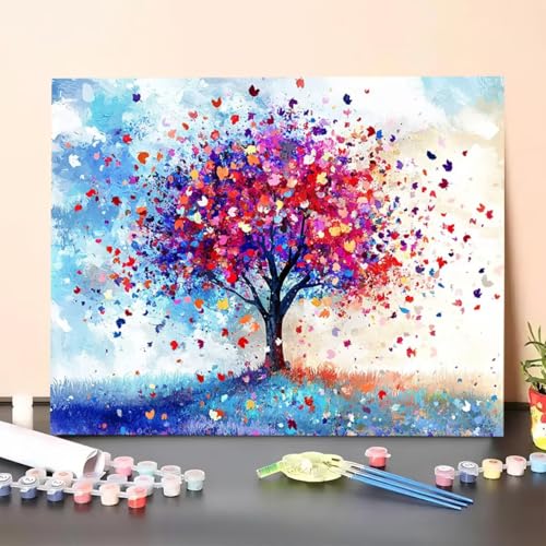 Malen Nach Zahlen Erwachsene Baum, Handgemalt Ölgemälde Leinwand für Anfänger, Malen Nach Zahlen Pflanze Bastelset Erwachsene, Paint by Numbers für Heimdekoration, Geschenk 40x55cm (Ohne Rahmen) 1F-V von GUERUUIE