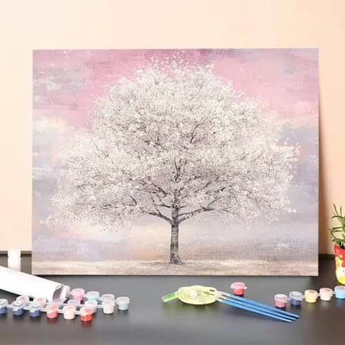Malen Nach Zahlen Erwachsene Baum, Malen Nach Zahlen Szenerie, Paint by Numbers Basteln Erwachsene Mit 3 - Pinseln und Acrylfarbe Leinwand Kit für Wand Heimdekoration - 35 x 45 cm (Ohne Rahmen) 8C-1 von GUERUUIE