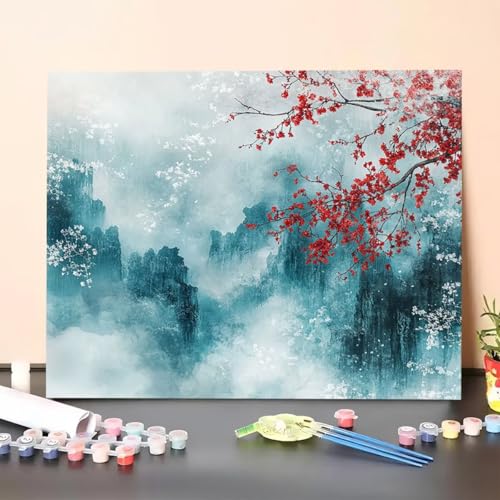 Malen Nach Zahlen Erwachsene Berg, Malen Nach Zahlen Blume, Paint by Numbers Basteln Erwachsene Mit 3-Pinseln und Acrylfarbe Knitterfreie Leinwand Kit für Heimdekoration 40 x 55 cm (Ohne Rahmen) 7Y-7 von GUERUUIE