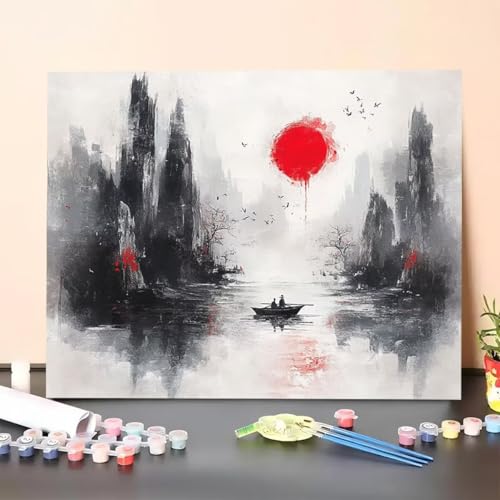 Malen Nach Zahlen Erwachsene Berg, Malen Nach Zahlen Boot, Paint by Numbers Basteln Erwachsene Mit 3 - Pinseln und Acrylfarbe Knitterfreie Leinwand Kit für Heimdekoration 40 x 55 cm (Ohne Rahmen) G1-6 von GUERUUIE