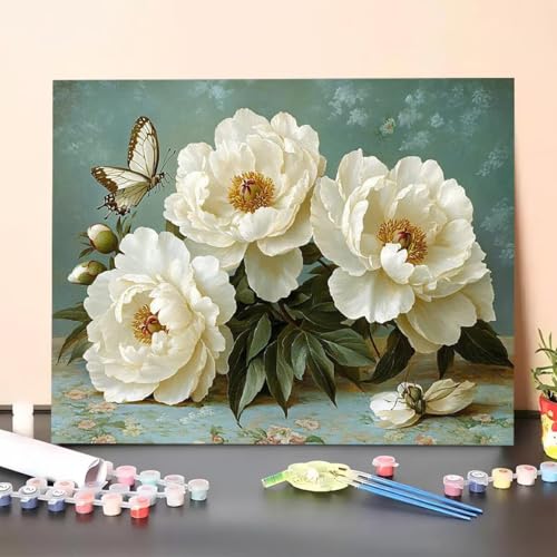 Malen Nach Zahlen Erwachsene Blume, DIY Handgemalt Ölgemälde Leinwand für Anfänger, Malen Nach Zahlen Schmetterling Bastelset Erwachsene, Paint by Numbers für Heimdekoration, Geschenk 20x30cm N2-F von GUERUUIE
