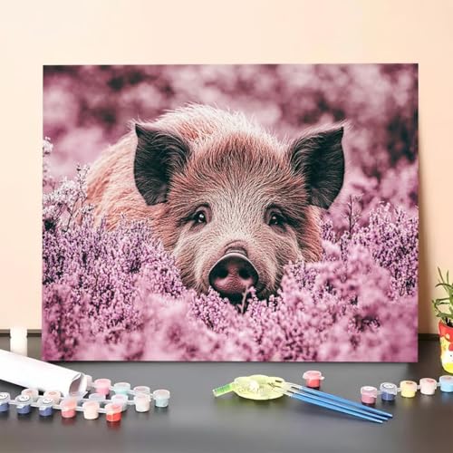 Malen Nach Zahlen Erwachsene Blume, Malen Nach Zahlen Schwein, Paint by Numbers Basteln Erwachsene Mit 3 - Pinseln und Acrylfarbe Leinwand Kit für Wand Heimdekoration - 40 x 55 cm (Ohne Rahmen) LE-9 von GUERUUIE