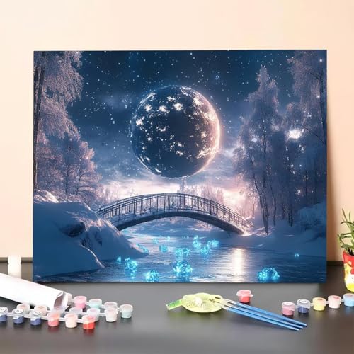 Malen Nach Zahlen Erwachsene Brücke, Handgemalt Ölgemälde Leinwand für Anfänger, Malen Nach Zahlen Mond Bastelset Erwachsene, Paint by Numbers für Heimdekoration, Geschenk 90x120cm (Ohne Rahmen) VQ-2 von GUERUUIE
