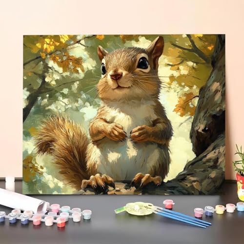 Malen Nach Zahlen Erwachsene Eichhörnchen, DIY Handgemalt Ölgemälde Leinwand für Anfänger, Malen Nach Zahlen Tier Bastelset Erwachsene, Paint by Numbers für Heimdekoration 60x80cm (Ohne Rahmen) LT-0 von GUERUUIE