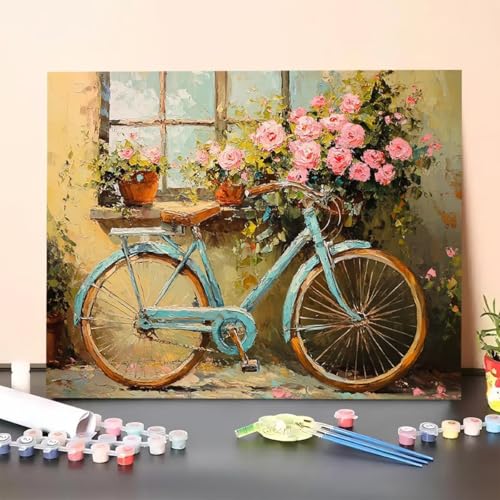 Malen Nach Zahlen Erwachsene Fahrrad, Handgemalt Ölgemälde Leinwand für Anfänger, Malen Nach Zahlen Blume Bastelset Erwachsene, Paint by Numbers für Heimdekoration, Geschenk 60x80cm (Ohne Rahmen) 71-Z von GUERUUIE