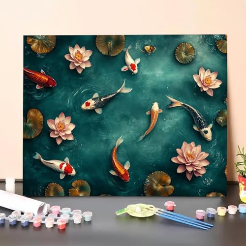 Malen Nach Zahlen Erwachsene Fisch, Handgemalt Ölgemälde Leinwand für Anfänger, Malen Nach Zahlen Blume Bastelset Erwachsene, Paint by Numbers für Heimdekoration, Geschenk 30x40cm (Ohne Rahmen) OK-8 von GUERUUIE
