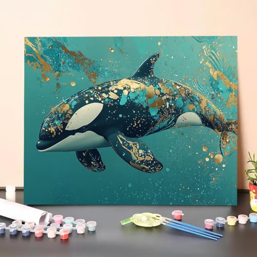 Malen Nach Zahlen Erwachsene Fisch, Malen Nach Zahlen Tier, Paint by Numbers Basteln Erwachsene Mit 3-Pinseln und Acrylfarbe Knitterfreie Leinwand Kit für Heimdekoration 30 x 40 cm (Ohne Rahmen) HO-5 von GUERUUIE