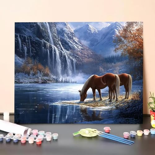 Malen Nach Zahlen Erwachsene Horse, DIY Handgemalt Ölgemälde Leinwand für Anfänger, Malen Nach Zahlen Wasserfall Bastelset Erwachsene, Paint by Numbers für Heimdekoration 40x55cm (Ohne Rahmen) 6X-2 von GUERUUIE