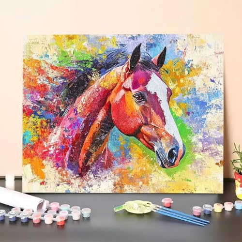 Malen Nach Zahlen Erwachsene Horse, Handgemalt Ölgemälde Leinwand für Anfänger, Malen Nach Zahlen Tier Bastelset Erwachsene, Paint by Numbers für Heimdekoration, Geschenk 30x40cm (Ohne Rahmen) 5L-9 von GUERUUIE
