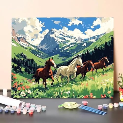 Malen Nach Zahlen Erwachsene Horse, Malen Nach Zahlen Berg, Paint by Numbers Basteln Erwachsene Mit 3-Pinseln und Acrylfarbe Knitterfreie Leinwand Kit für Heimdekoration 70 x 95 cm (Ohne Rahmen) 45-A von GUERUUIE