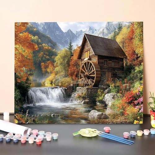 Malen Nach Zahlen Erwachsene Hütte, Malen Nach Zahlen Wasserfall, Paint by Numbers Basteln Erwachsene Mit 3 - Pinseln und Acrylfarbe Knitterfreie Leinwand Kit für Heimdekoration - 100 x 135 cm GM-L von GUERUUIE