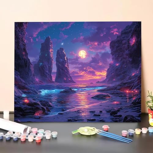 Malen Nach Zahlen Erwachsene Meer, Malen Nach Zahlen Mond, Paint by Numbers Basteln Erwachsene Mit 3-Pinseln und Acrylfarbe Knitterfreie Leinwand Kit für Heimdekoration 100 x 135 cm (Ohne Rahmen) S0-3 von GUERUUIE