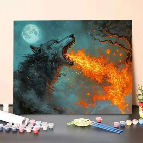 Malen Nach Zahlen Erwachsene Wolf, Malen Nach Zahlen Mond, Paint by Numbers Basteln Erwachsene Mit 3 - Pinseln und Acrylfarbe Knitterfreie Leinwand Kit für Heimdekoration 20 x 30 cm (Ohne Rahmen) 3A-O von GUERUUIE