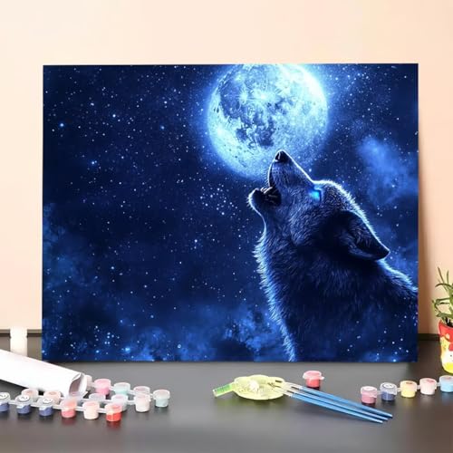 Malen Nach Zahlen Erwachsene Wolf, Malen Nach Zahlen Mond, Paint by Numbers Basteln Erwachsene Mit 3 - Pinseln und Acrylfarbe Knitterfreie Leinwand Kit für Heimdekoration - 80 x 110 (Ohne Rahmen) K5-P von GUERUUIE