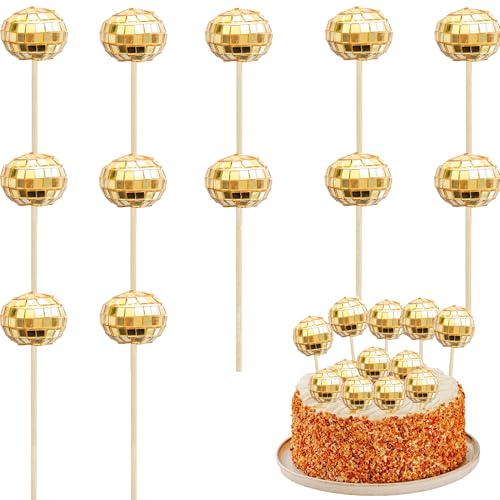 Discokugel Kuchen Toppers, 12 Stück Spiegel Ball, 1970s Mini Tortendeko, 3 cm Spiegelkugel, Disco Ball Cake Toppers für Geburtstags, Disko Themenparty (Gold) von GUIZIYAO
