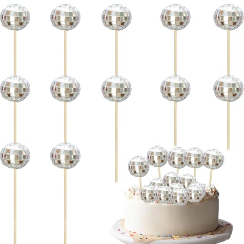 Discokugel Kuchen Toppers,12 Stück Disco Spiegel Ball, 1970s Mini Discokugel Tortendeko, 3 cm Discokugel Tortendeko Spiegelkugel, Disco Ball Cake Toppers für Geburtstags,Disko Themenparty (Silber) von GUIZIYAO