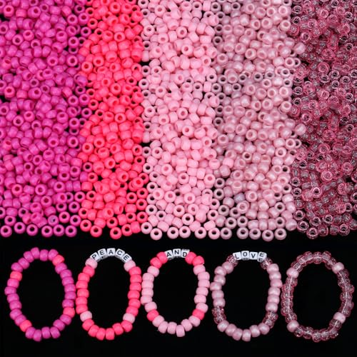 GUJOXILA 1000 Stück Rosa Pony Perlen mit Zum Auffädeln Große Loch Bastelperlen Rosa Pony Beads Perlen Set für Armbänder Halsketten Schlüsselanhänger Schmuckherstellung Basteln von GUJOXILA