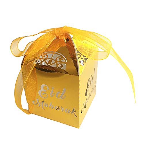 GUMEI Party Kids Favours 50 Stück Gold Silber Happy Eid Mubarak Box Ramadan Dekoration Lasergeschnittenes Perlenpapier Band Candy Boxes von GUMEI