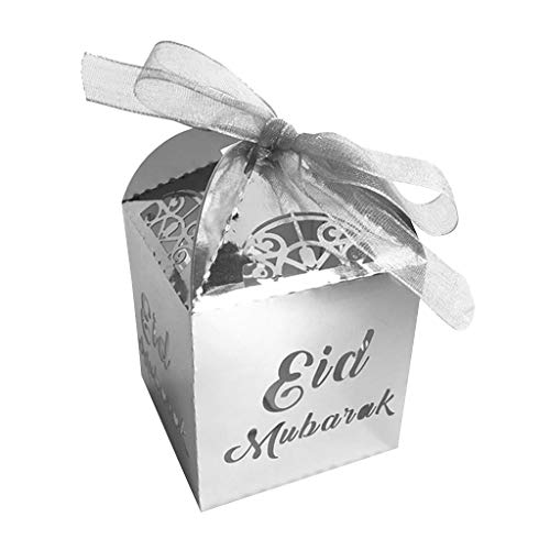 GUMEI Party Kids Favours 50 Stück Gold Silber Happy Eid Mubarak Box Ramadan Dekoration Lasergeschnittenes Perlenpapier Band Candy Boxes von GUMEI
