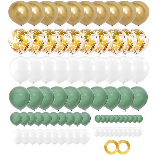 GUO-YING 80 Stück Ballons Olive Grün Gold Weiß Helium Luftballons Avocado Salbei Grün Goldene Metallic Konfetti Latex Ballons mit Band für Hochzeit Baby Shower (Gold Grün) von GUO-YING
