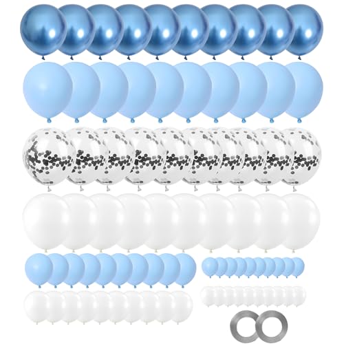 GUO-YING 80 Stück Macaron Blau Weiß Silber Konfetti Metallic Blau Ballons, Latexballon für Party Geburtstag, Baby Shower, Baby Geburtstag Party Hintergr Deko Hochzeit Birthday (Silver) von GUO-YING