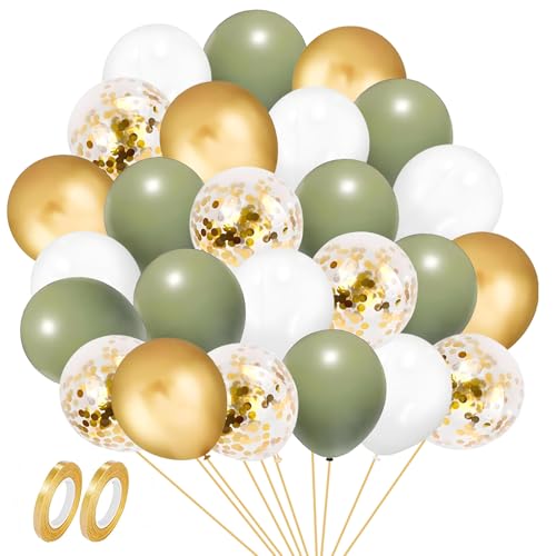 GUO-YING Ballons Olive Grün Gold Weiß 60 Stück 30cm Helium Luftballons Avocado Salbei Grün Goldene Metallic Konfetti Latex Ballons mit Band für Hochzeit Baby Shower (Olive Grün) von GUO-YING