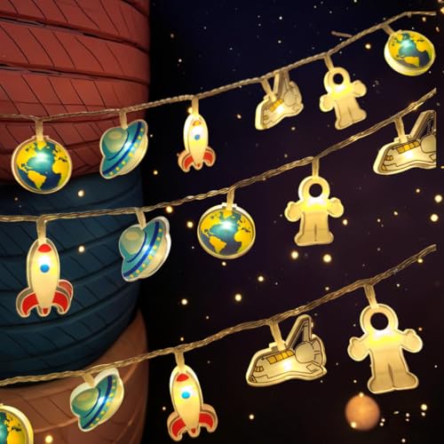 GUOCHENG Kinder Lichterkette, Rakete Flugzeug UFO Spaceman Cartoon Lichterketten, Planet Rakete Dekoration, Schlafzimmer Hintergrund Kleine Nachtlichter (Weltraum) von GUOCHENG