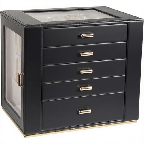 Große Schmuckschatulle mit Glasdeckel, funktionales PU-Leder, 5-lagig, Schmuck-Aufbewahrungsbox für Damen, Mädchen, Ringe, Halsketten, Ohrringe, Armbänder, Schmuckhalter, Organizer, 5 Schubladen von GUOER