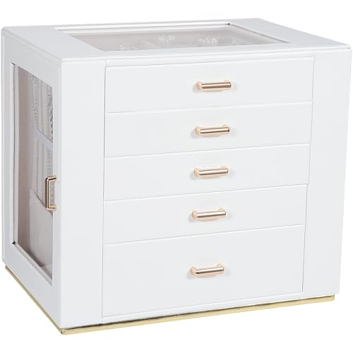 Große Schmuckschatulle mit Glasdeckel, funktionales PU-Leder, 5-lagig, Schmuck-Aufbewahrungsbox für Damen, Mädchen, Ringe, Halsketten, Ohrringe, Armbänder, Schmuckhalter, Organizer, 5 Schubladen (weiß von GUOER