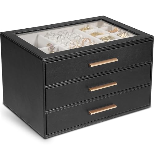 Schmuckschatulle für Damen, Glasdeckel, Schmuck-Organizer mit 3 Schubladen, PU-Schmuck-Aufbewahrungsbox für Halsketten, Ringe, Ohrringe, Armbänder, Schwarz Schmuckschatulle für Damen, Glasdeckel, Schmuck-Organizer mit 3 Schubladen, PU-Schmuck-Aufbewahrungsbox für Halsketten, Ringe, Ohrringe, Armbänder, Schwarz von GUOER
