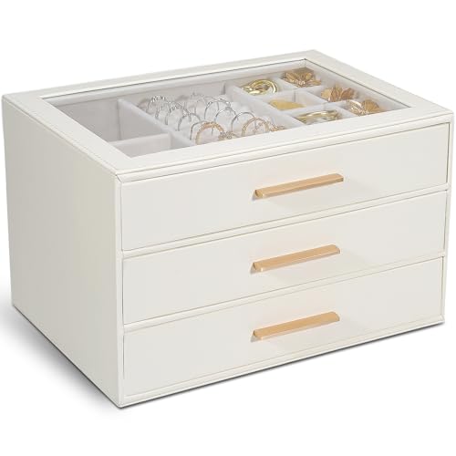 Schmuckschatulle für Damen, Glasdeckel, Schmuck-Organizer mit 3 Schubladen, PU-Schmuck-Aufbewahrungsbox für Halsketten, Ringe, Ohrringe, Armbänder, Weiß Schmuckschatulle für Damen, Glasdeckel, Schmuck-Organizer mit 3 Schubladen, PU-Schmuck-Aufbewahrungsbox für Halsketten, Ringe, Ohrringe, Armbänder, Weiß von GUOER