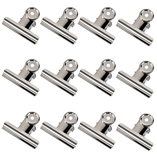 GUOKOFF 50mm Bulldogge Clip Große, 12 Stück Metall Scharnier Clips, Silber Edelstahl Papierbinder, Bulldog Binder Clips Büroklammern für Bilder, Fotos, Küche und Büro von GUOKOFF