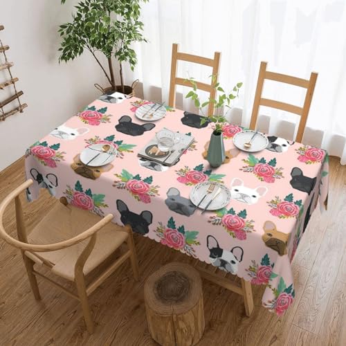 GUOLGP Große Tischdecke mit französischer Bulldogge und Blumen, rechteckig, wasserdicht, knitterfrei, für die Küche, 137 x 183 cm von GUOLGP