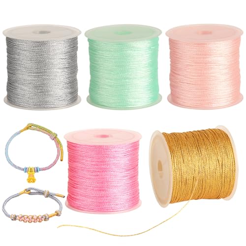 5 Rollen Metallic Kordel, Farbiger Metallisch Schnur für Basteln, 250m Goldfaden Silberfaden Seidenfäden für DIY Handwerk Armband Schmuck Halskette Machen, 0,4 mm x 50 m/Rolle (5 Farben) von GUOYIHUA