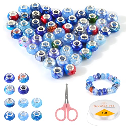 50 Stück EuropäIsche Perlen, Saphirblau Glasperlen Groß mit Loch, Lochdurchmesser 5mm Glasperlen zum Auffädeln, Bastelperlen mit Schere und Elastischem Faden für DIY Schmuck (Gemischte Stile) von GUOYIHUA
