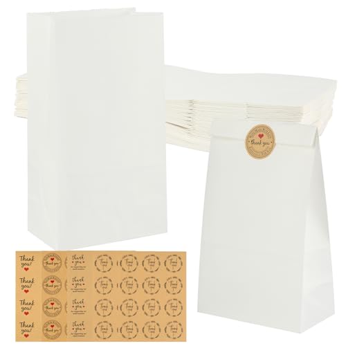 50stk Weiße Papiertüten (13 x 24 x 8 cm) - Kraftpapiertüten mit 60 Aufkleber, Kleine Butterbrottüten Brottüten, Für DIY-Geschenktüten, Brottüten, Süßigkeitentüten, Kekstüten, Popcorntüte von GUOYIHUA