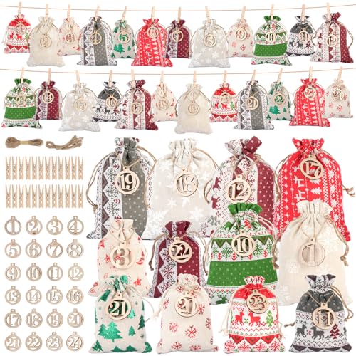 Adventskalender zum Befüllen, Stoff Adventskalender Selber Befüllen 24 Stoffbeutel 2 Größe, Weihnachtskalender zum Befüllen mit Zahlen aus Holz 1-24, Clips, Seil für Kinder Frauen Männer Adventskalender zum Befüllen, Stoff Adventskalender Selber Befüllen 24 Stoffbeutel 2 Größe, Weihnachtskalender zum Befüllen mit Zahlen aus Holz 1-24, Clips, Seil für Kinder Frauen Männer von GUOYIHUA