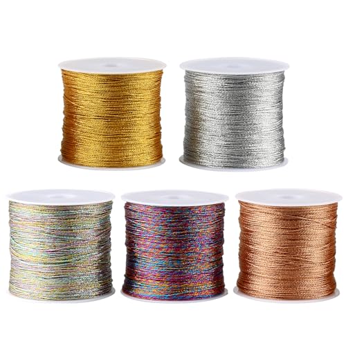 GUOYIHUA 5 Rollen Metallic Kordel, Metallisch Schnur für Basteln, 250M Goldfaden Silberfaden Seidenfäden, für DIY Handwerk Armband Schmuck Halskette Machen, 0.4 mm x 50 m/Rolle, (5 Farben) von GUOYIHUA