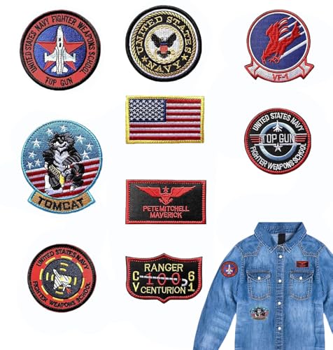 GUOYOU 11 Stück USA Flagge Maverick Aufnäher zum Aufbügeln, Top Gun Patches Bestickt, Air Force Navy Marine Army Jacke Tactical Military Logo Dekorative Applikation für Kleidung Jacke Jeans von GUOYOU