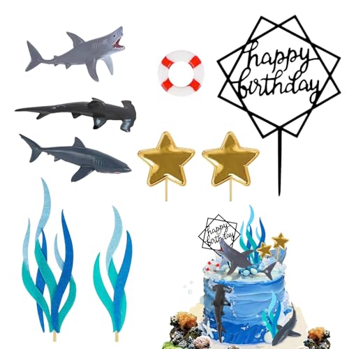 GUOYOU 9-teiliges Hai-Kuchenaufsatz-Set mit Haifisch-Figuren, Seetang, Rettungsring, Sterne, Happy Birthday Acryl-Karte, für Ozean-Mottoparty, Hai, Geburtstag, Babyparty, Meeres-Partyzubehör GUOYOU 9-teiliges Hai-Kuchenaufsatz-Set mit Haifisch-Figuren, Seetang, Rettungsring, Sterne, Happy Birthday Acryl-Karte, für Ozean-Mottoparty, Hai, Geburtstag, Babyparty, Meeres-Partyzubehör von GUOYOU