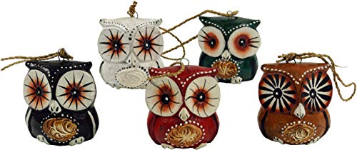GURU SHOP 5er Set Anhänger, Kleine Holzfigur, Tierfigur Eule, Mehrfarbig, Suarholz, 6x5x5 cm, Tierfiguren von GURU SHOP