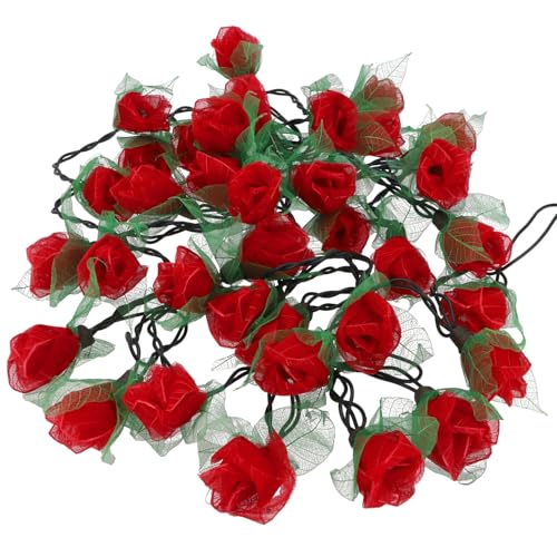 GURU SHOP Blüten LED Lichterkette mit Schalter - 35 Stk Rose Dunkelrot, 6x6x350 cm von GURU SHOP