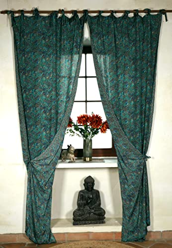 GURU SHOP Seidige Boho Vorhänge, 1 Paar Bohemia Gardine aus Sareestoff, Unikat 290 cm - Türkisblau, Synthetisch, Dekovorhänge von GURU SHOP