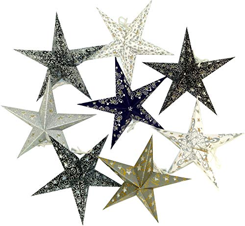 GURU SHOP 8 Stk. Stern für Lichterkette, Papier Ministern 20 cm Set, Faltbar - Schwarz/weiß/grau/glitter, Papiersterne 20 cm für Lichterketten von GURU SHOP