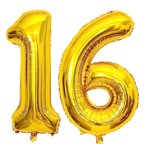Gold Luftballon 16. Geburtstag Zahl 16 XXL Riesen Folienballon 100cm Geburtstagsdeko Mädchen Junge Ballon Zahl Deko zum Geburtstag von GUTCOOL