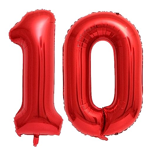 Luftballon 10. Geburtstag Zahl 10 Rot XXL Riesen Folienballon 100cm Geburtstagsdeko Mädchen Frau Ballon Zahl Deko zum Geburtstag. Fliegt mit Helium. (Rot, Zahl 10) von GUTCOOL